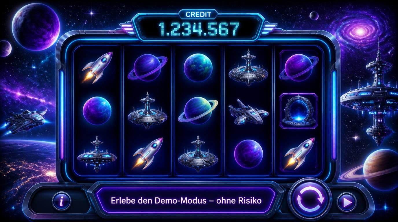 Avatar eines strahlenden Sternenhimmels mit Casino-Walzen im Vordergrund, virtuelle Credits sichtbar