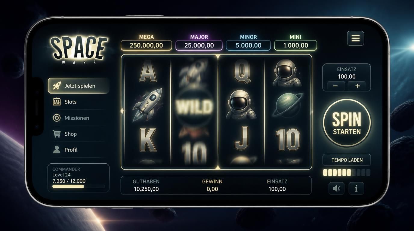 Ein modernes Smartphone zeigt Space Wars Slot, Spin Button hervorgehoben, Menüs minimalistisch und reaktionsschnell