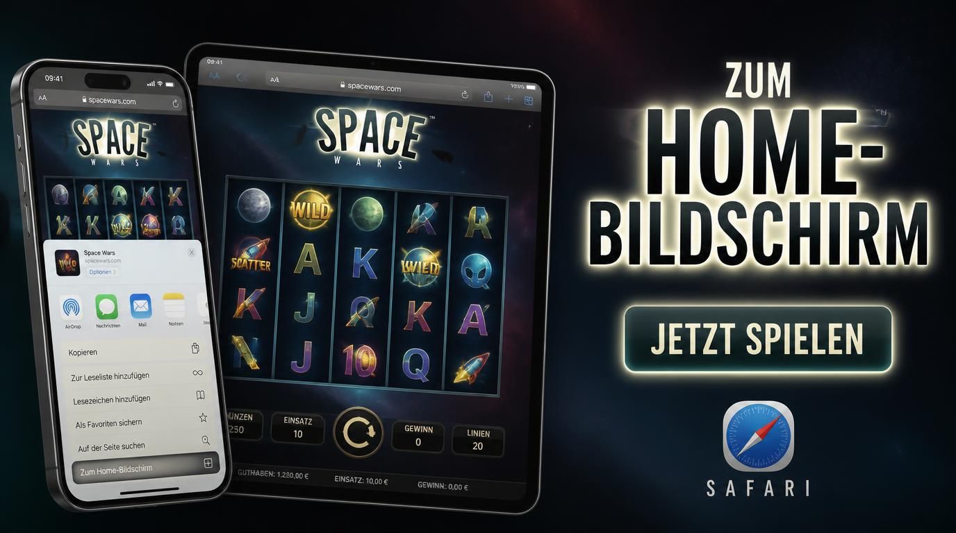 iPhone und iPad mit Web-App-Symbol und Space Wars Slot in Safari
