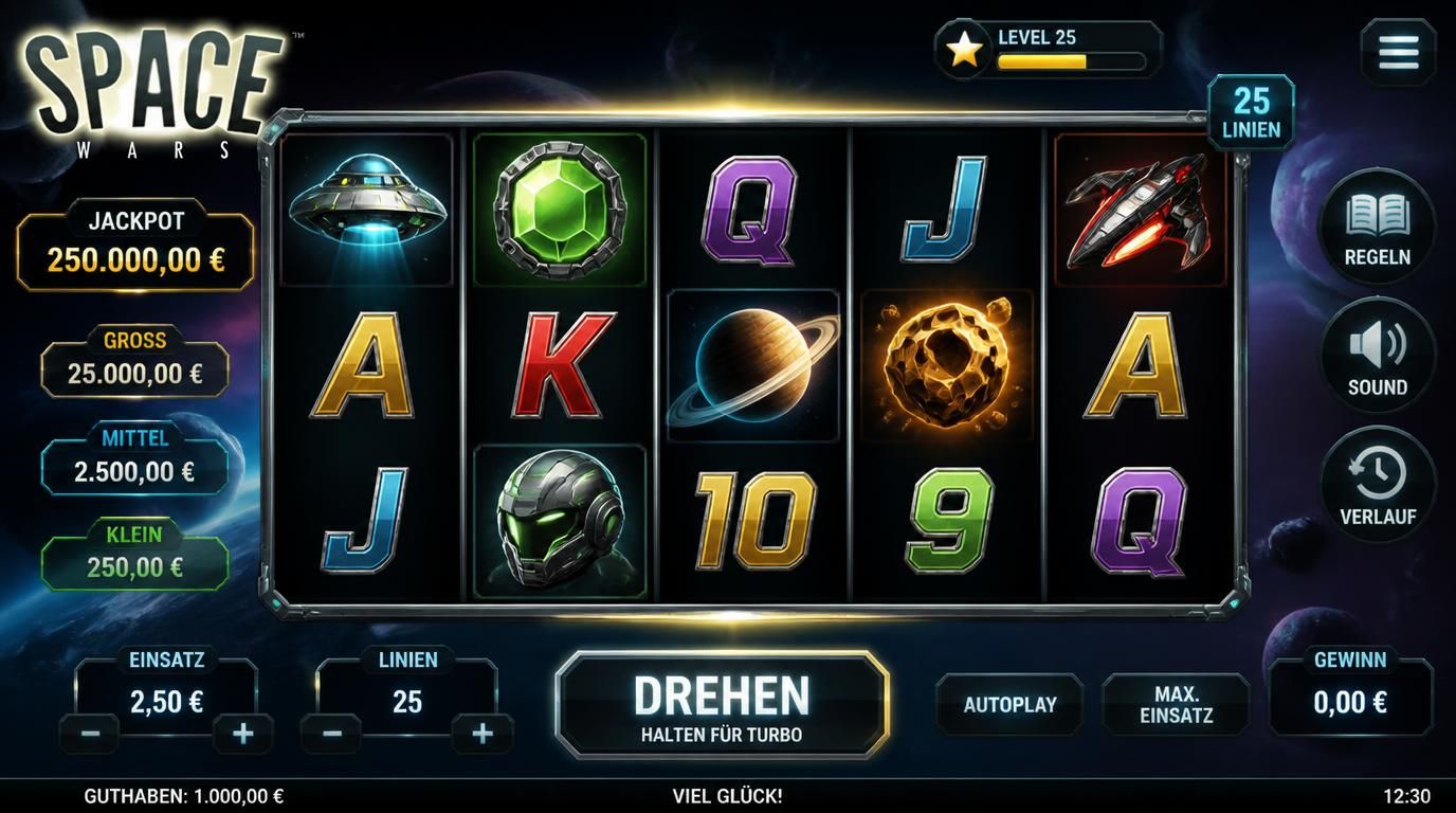 Sci-Fi Slot Interface mit fokussierter Anordnung der Walzen, klaren Bedienelementen und leuchtende Effekte