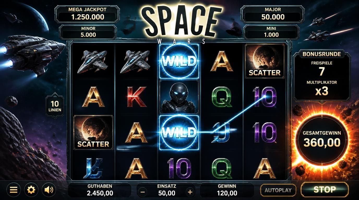 Walzen, Spezialsymbole und Bonusphasen im Space Wars Spiel